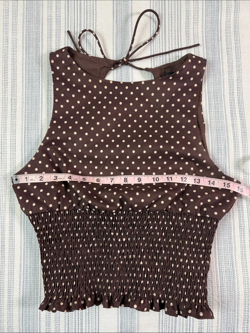 White Fox Brown Polka Dot Smocked Open Back Tank Top Size Small